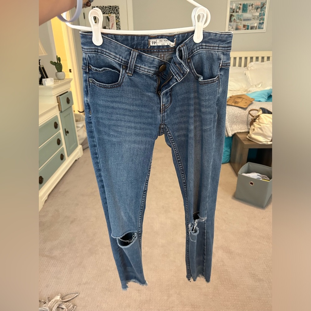 Free People Blue Skinny Jeans with Distressed Details